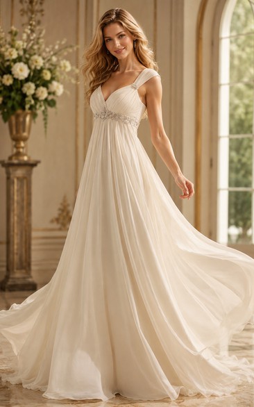 Robe de mariée de plage en mousseline de soie style empire, ornée de perles et de plis, dos nu en V et traîne.