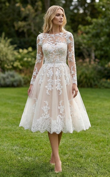 Jewel Neck Long Sleeve Lace Tea-Length Dress