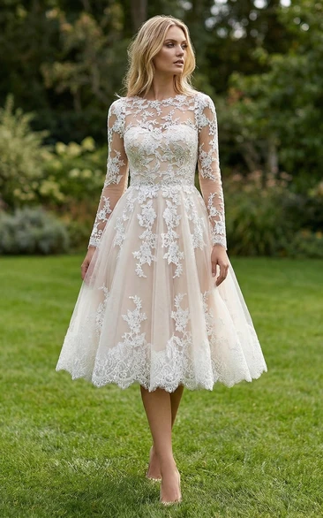 Jewel Neck Long Sleeve Lace Tea-Length Dress