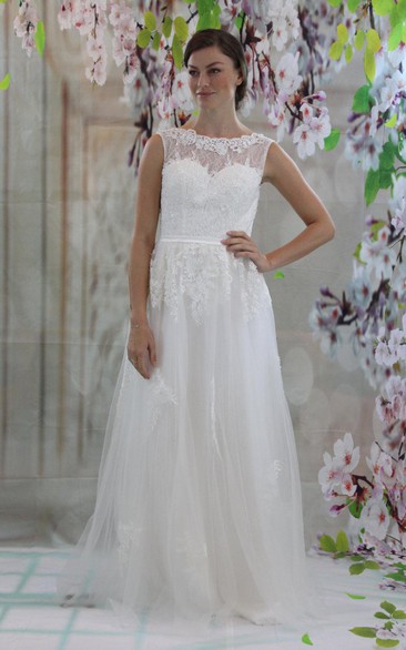 Lace and Tulle Sleeveless Jewel Neck A-Line Dress With Beadings