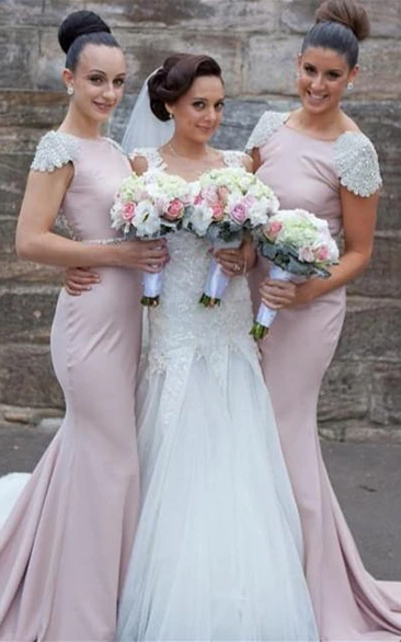 Modern Jewel Cap Sleeve Mermaid Bridesmaid Dress With Beadings