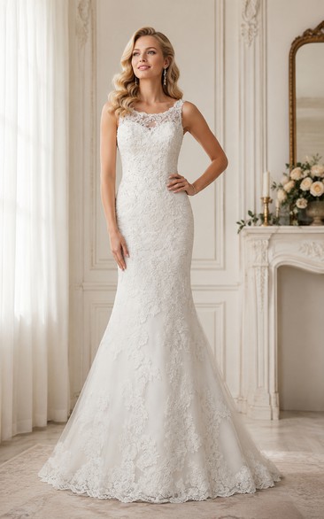 Robe de mariée sirène en dentelle blanche à col rond et traîne chapelle