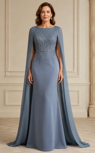 Steel Blue Cape Sleeve Formal Mother Dress