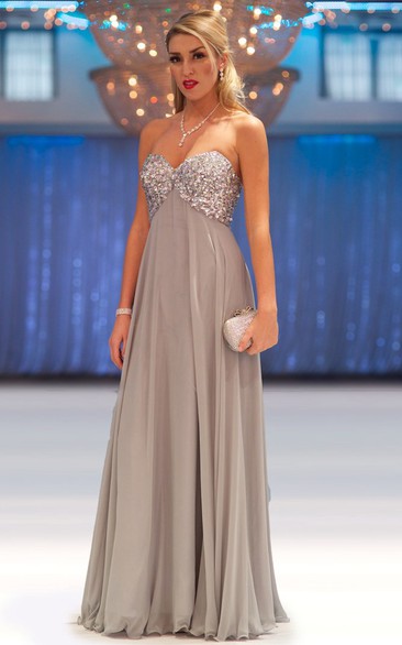 Sheath Long Sleeveless Sweetheart Empire Beaded Chiffon Prom Dress With Pleats