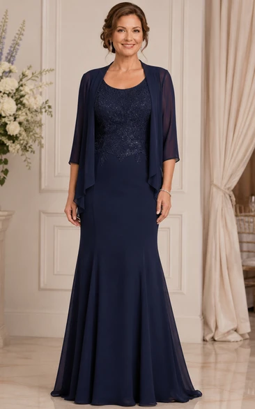 Dark Navy Chiffon Mermaid Mother Gown with Sheer Jacket
