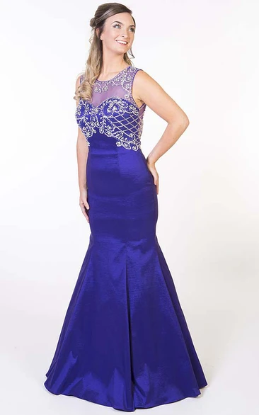 Mermaid Floor-Length Beaded Scoop Sleeveless Satin Prom Dress With Keyhole Back