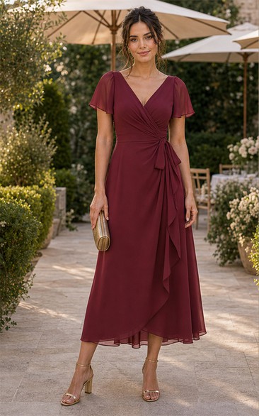 Burgundy A-Line Chiffon V-neck Flutter Sleeve Mother Dress