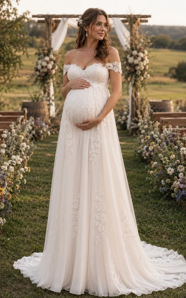 Country Maternity Off-the-shoulder Chiffon A-line Wedding Dress with Lace