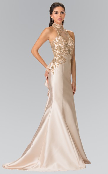 Sheath High Neck Sleeveless Satin Keyhole Dress With Beading And Draping