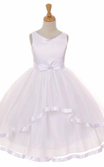 Tea-Length Peplum Tiered Bowed Tulle&Satin Flower Girl Dress With Ribbon