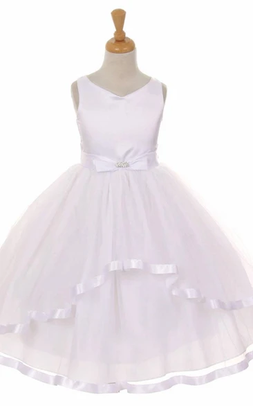 Tea-Length Peplum Tiered Bowed Tulle&Satin Flower Girl Dress With Ribbon
