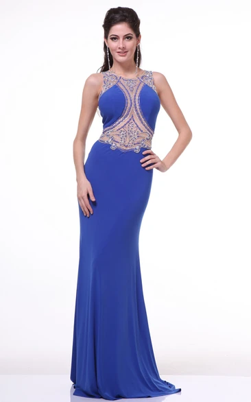 Sheath Jewel-Neck Sleeveless Jersey Illusion Dress With Beading