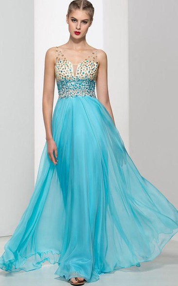Straps Beading Crystal Open Back Long Prom Dress