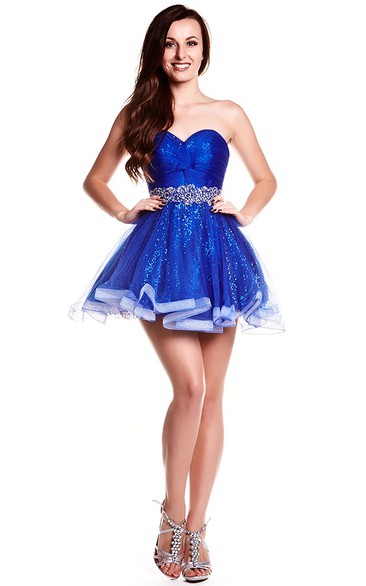 A-Line Sweetheart Beaded Sleeveless Short Sequins&Tulle Prom Dress With Waist Jewellery And Ruffles