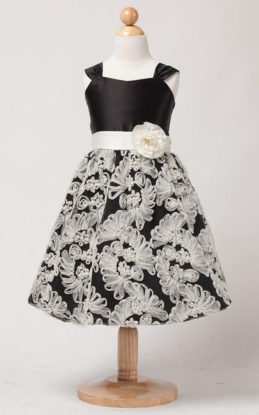Tea-Length Floral Tiered Satin Flower Girl Dress With Embroidery