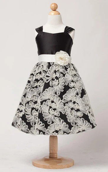 Tea-Length Floral Tiered Satin Flower Girl Dress With Embroidery