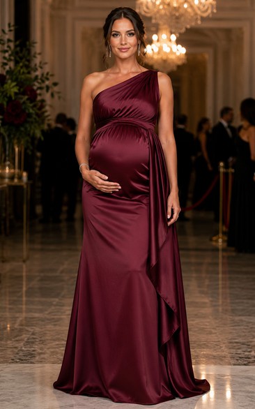 Maternity Sheath Satin Maternity Dress with One-Shoulder, Sleeveless and Drape Split Front, Floor Length