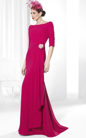 Half-Sleeve Long Scoop-Neck Broach Chiffon Prom Dress With Draping