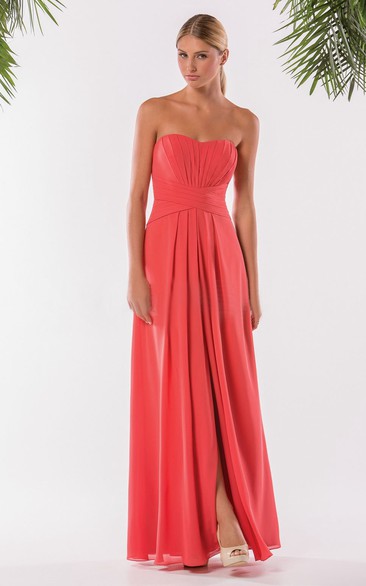 Strapless A-Line Gown With Front Slit And Keyhole Back