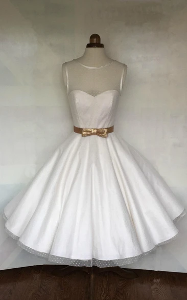 A-Line Tea Length Jewel Neck Dress With Bow Sash and Illusion Top