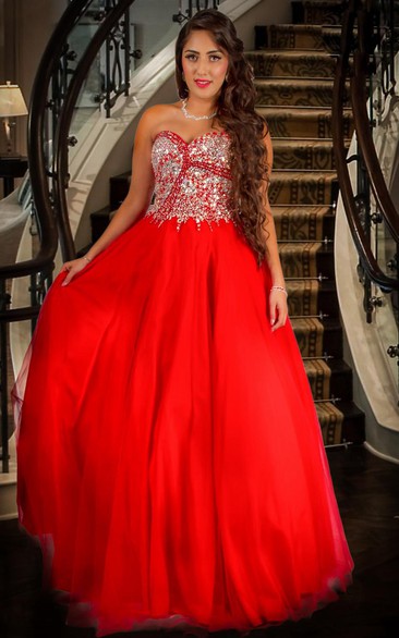 A-Line Beaded Floor-Length Sleeveless Sweetheart Tulle Prom Dress With Bow And Ruffles