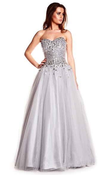 A-Line Beaded Sweetheart Sleeveless Floor-Length Sequins&Tulle Prom Dress