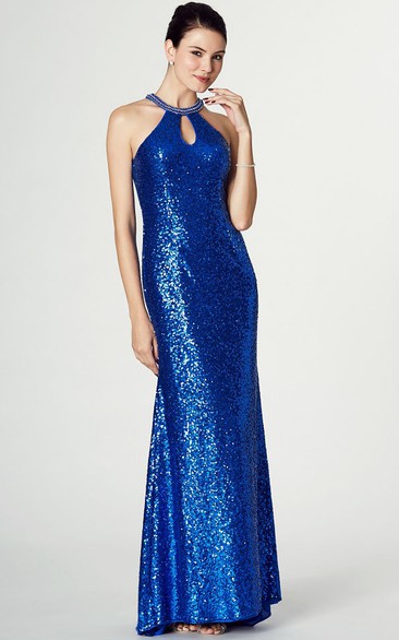 Sleeveless High Neck Sequin Prom Dress With Keyhole