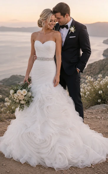 Mermaid Organza Sweetheart Dress With Ruffles and Beaded Waist