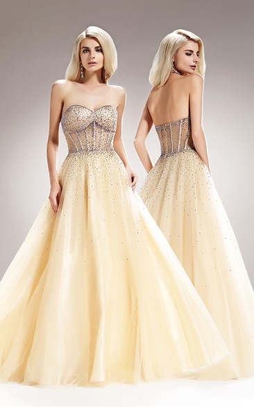 A-Line Sweetheart Sleeveless Tulle Backless Dress With Sequins
