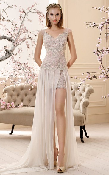 Sheath Appliqued Sleeveless Long V-Neck Lace Wedding Dress With Split Front