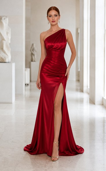 Red One-Shoulder Satin Mermaid Evening Dress with Draped Bodice and Front Split