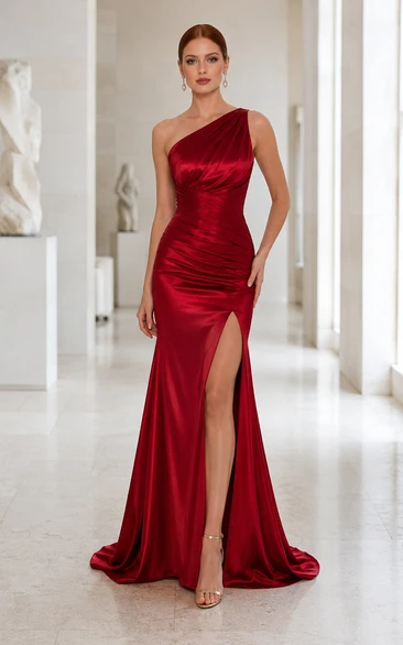 Red One-Shoulder Satin Mermaid Evening Dress with Draped Bodice and Front Split