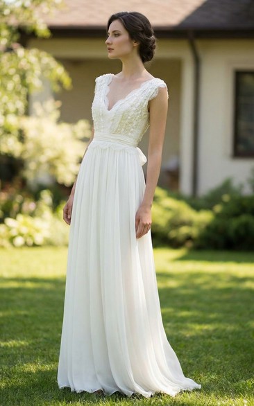 Plunging V-Neck Chiffon Wedding Dress with Lace