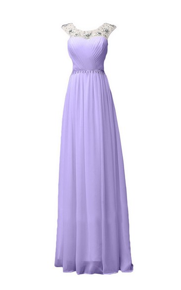 Sleeveless Long Ruffled Chiffon Dress With Beaded Neck