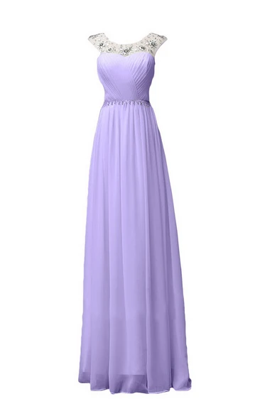 Sleeveless Long Ruffled Chiffon Dress With Beaded Neck
