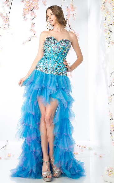 A-Line High-Low Sweetheart Tulle Corset Back Dress With Beading And Tiers