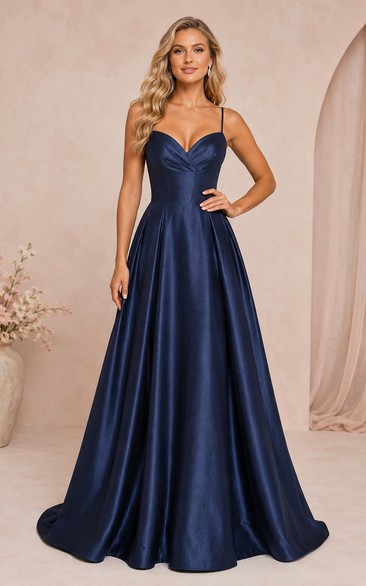 Dunkelblaues, trägerloses Satin-Abendkleid in A-Linie mit Schnürung am Rücken