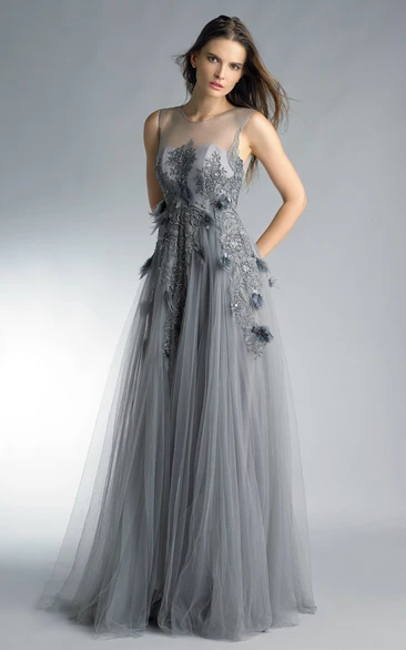 A-line Floor-length Jewel Short Sleeve Tulle Low-V Back Dress