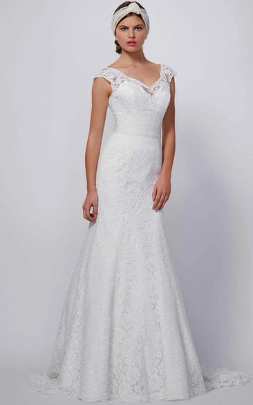 Sheath V-Neck Appliqued Floor-Length Cap-Sleeve Lace Wedding Dress