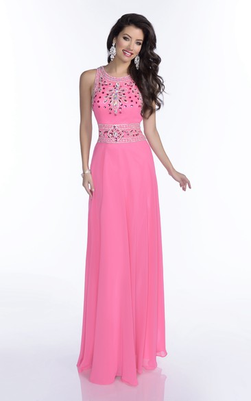 Chiffon Sleeveless Sheath Jeweled Neck Prom Dress With Keyhole Back