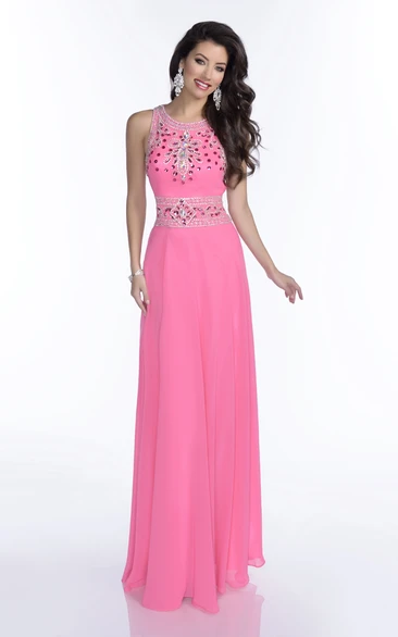 Chiffon Sleeveless Sheath Jeweled Neck Prom Dress With Keyhole Back