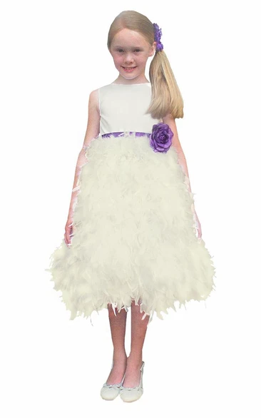 V-Neck Tea-Length Sleeveless Satin Flower Girl Dress