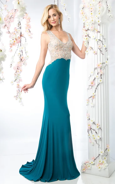 Sheath Long V-Neck Sleeveless Jersey Keyhole Dress With Beading And Pleats