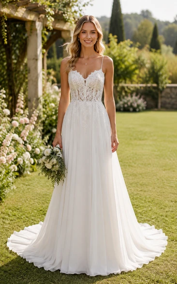 Ivory V-neck Chiffon A-line Wedding Dress with Lace