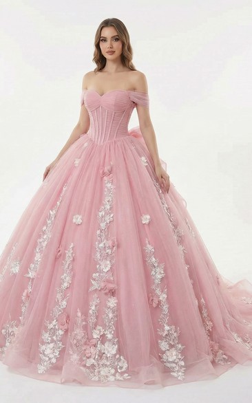 Blushing Pink Off Shoulder Quinceanera Ball Gown Prom Dress with Floral Appliques