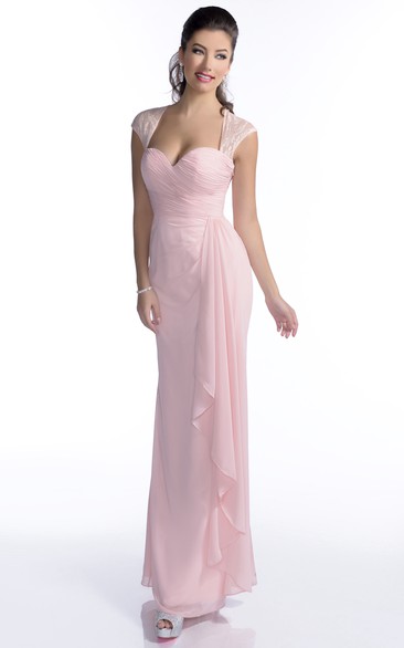 Cap Sleeve Sheath Chiffon Bridesmaid Dress Featuring Side Draping And Keyhole Back