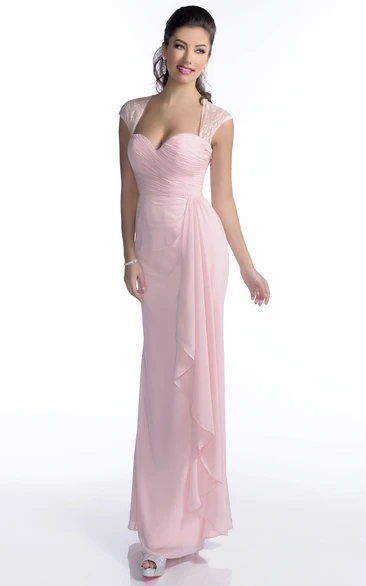 Cap Sleeve Sheath Chiffon Bridesmaid Dress Featuring Side Draping And Keyhole Back