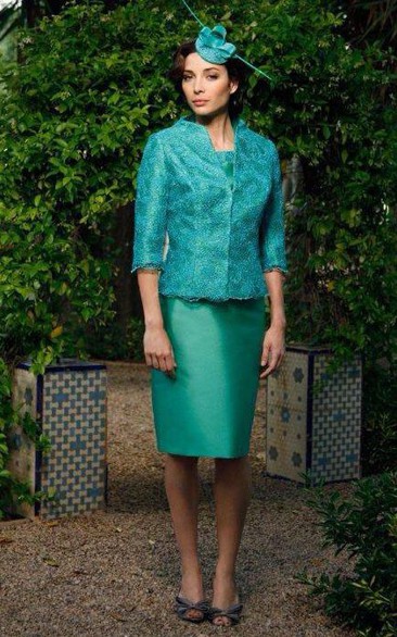 Satin Sheath Knee Length Dress With 3-4-sleeved Lace Jacket