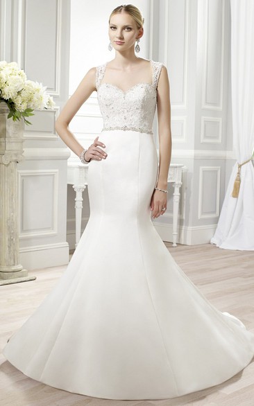 Mermaid Appliqued Straps Maxi Sleeveless Satin Wedding Dress With Waist Jewellery And Keyhole Back