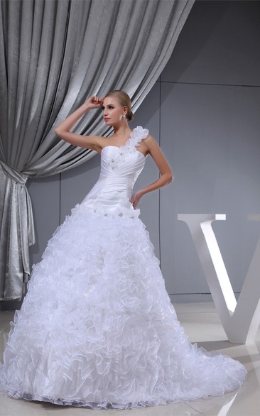 Sleeveless Ruched Floral Strap and Ball-Gown With Ruffles